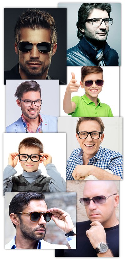 Auf dem Bild sind 8 Brillenmodelle für Männer und Jungen zu sehen